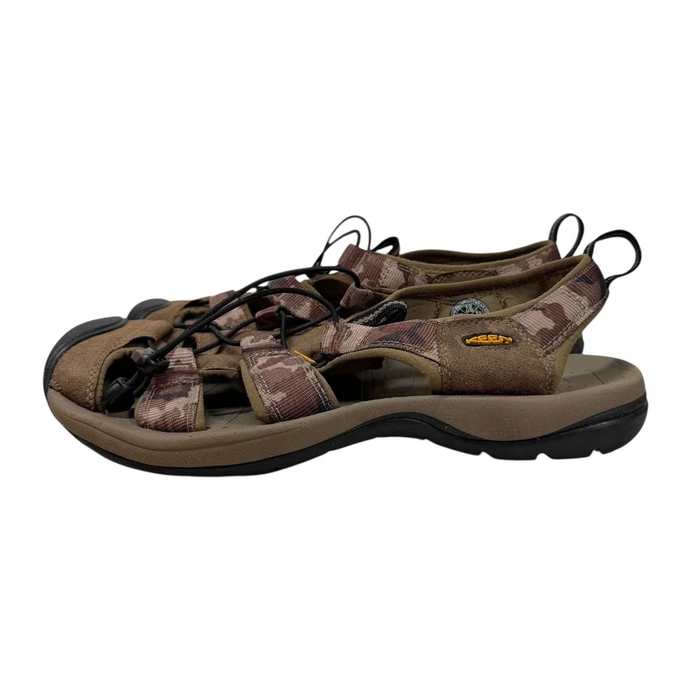 KEEN Clearwater CNX Sandals Mens 12 Brown Camo Bungee Lace Outdoor Hiking Logo